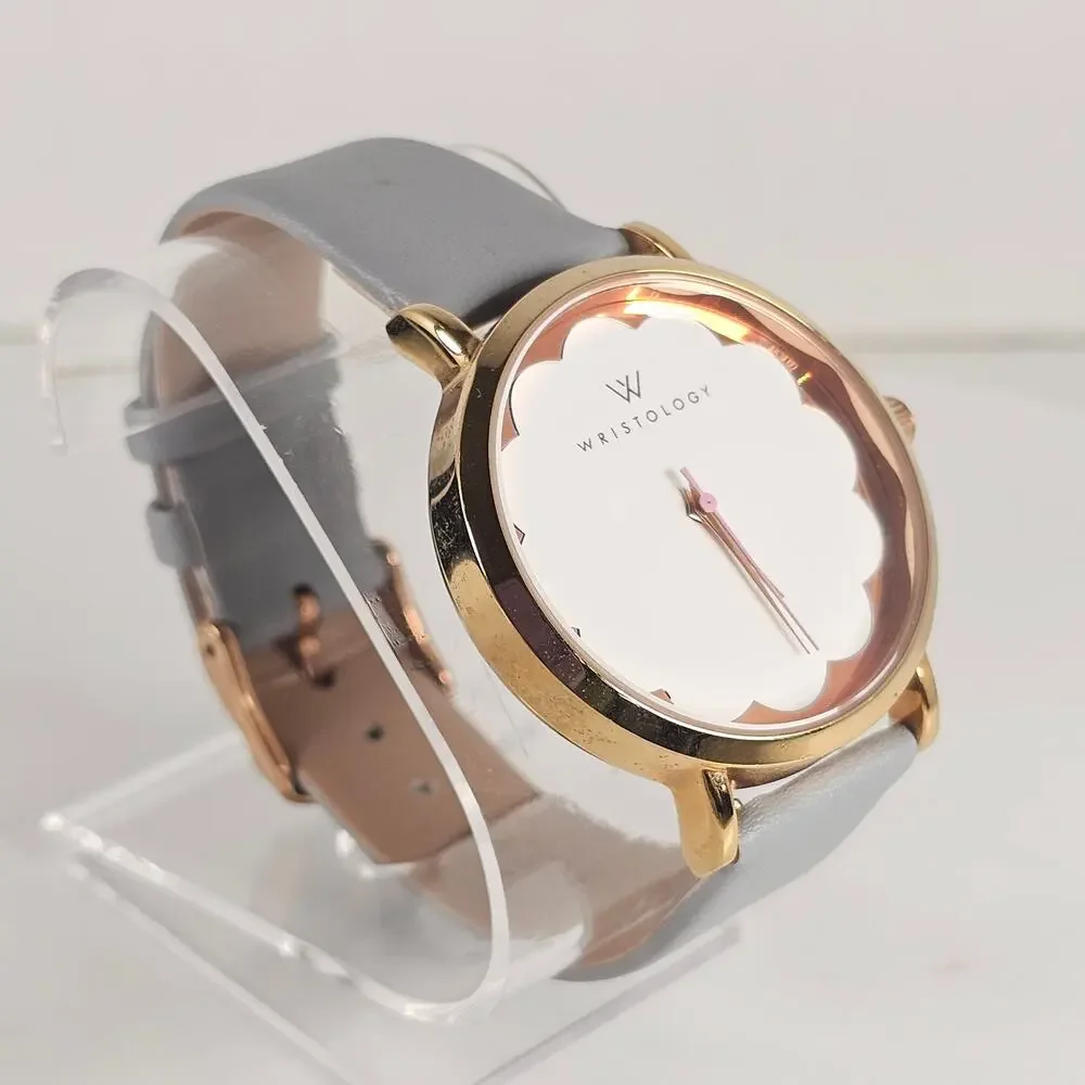 Wristology Women's Quartz Watch 38mm Gold Case Gray Leather Band, New Battery